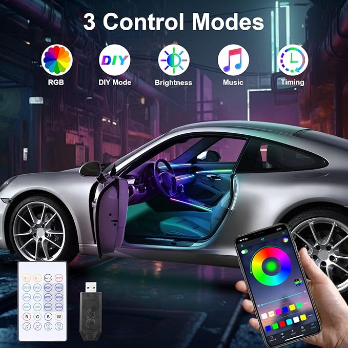 Acrylic Interior Car Lights, 6 in 1 Dreamcolor Ambient Lighting Kit with Wireless APP/Remote/Button Control, USB Car Inside Lighting Accessories with Music Mode for Vehicle Decoration