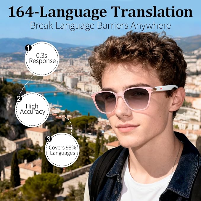 AI Smart Glasses with Real-Time Translation & Voice Assistant – Bluetooth Sunglasses with Noise-Cancelling Calls, Music, Touch Control, Photochromic Lenses, UV & Blue Light Protection-Pink