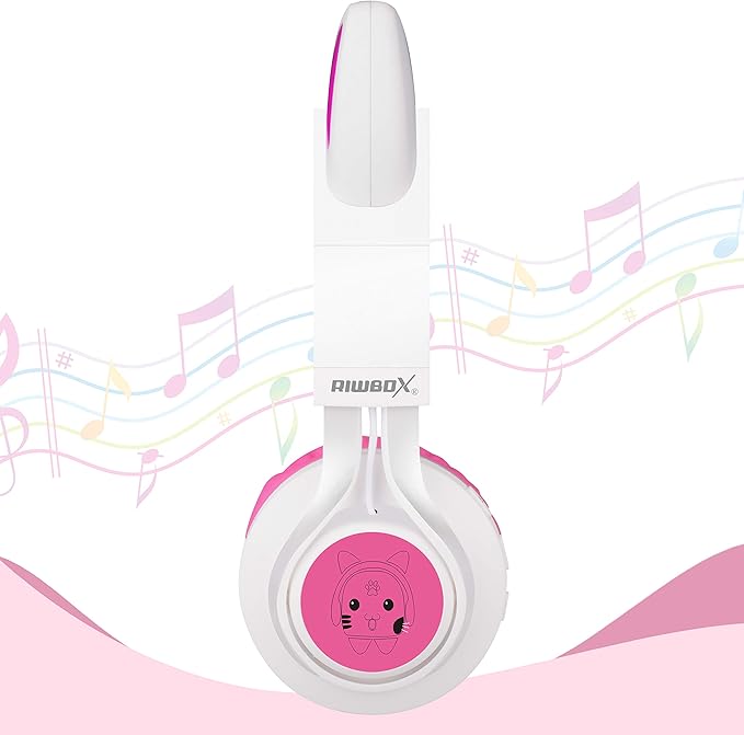 Riwbox CT-7 Cat Ear Bluetooth Headphones, LED Light Up Bluetooth Wireless Over Ear Headphones with Microphone and Volume Control for Travel/School/Smartphones/Laptop/PC/TV (White&Pink)