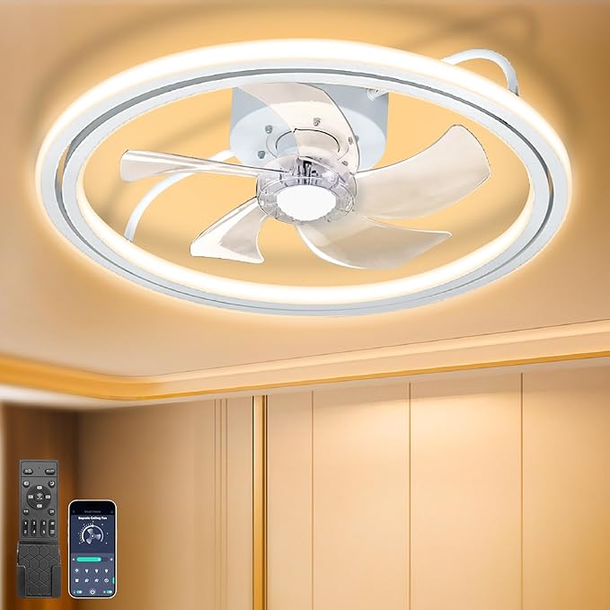 20" Low Profile Ceiling Fan with Light, Flush Mount Bladeless Fandelier, Quiet DC Motor,App and Remote Control，Dimmable LED Light,Enclosed Fan for Bedroom Bunk Bed Kids Room, White