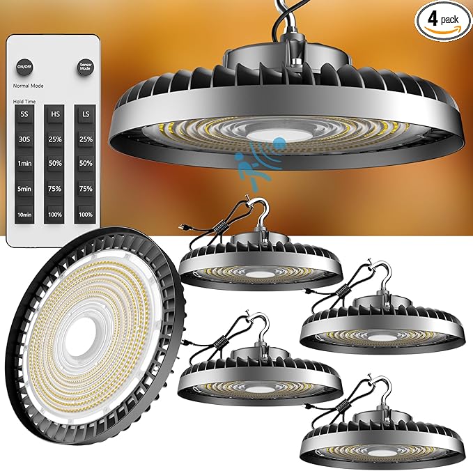 Lightdot 400W Smart High Bay LED Lights 60000LM UFO Lights with Control (Supports Normal Mode & Motion Sensor Mode) Plug and Play Bay Light for 30-50FT Height Warehouse-4Pack