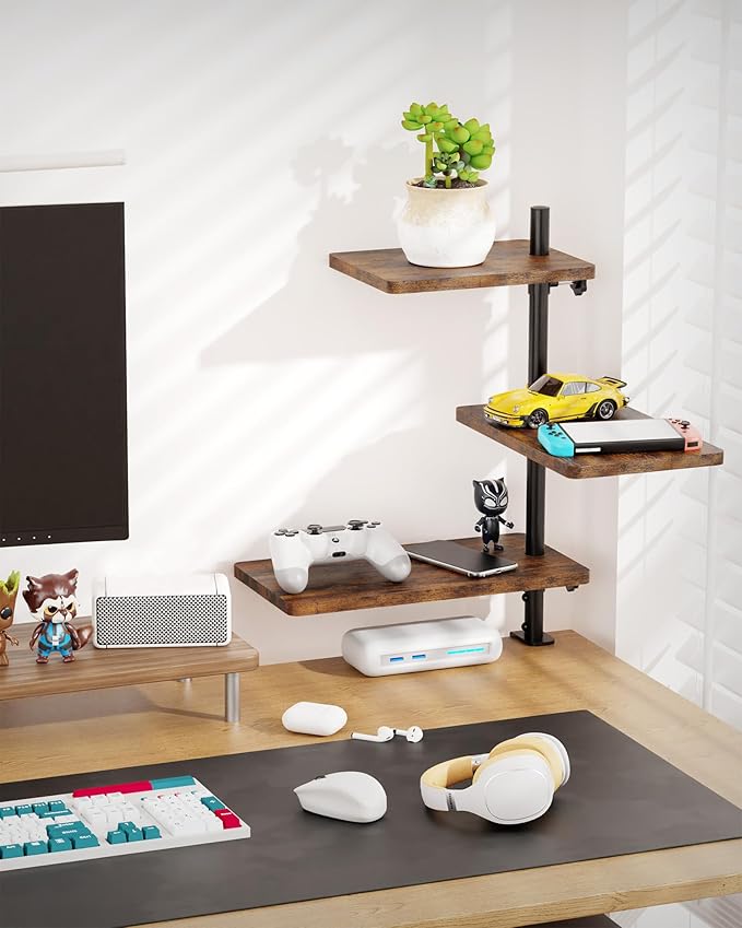 3 Tiers Clamp On Desk Shelf, 360¡ã Angle Adjustable Desktop Shelf Organizer for Home Office Gaming Room, No Drill Desk Extender Adapt to 0.4-2.16 inches Table Thick, Black Brown