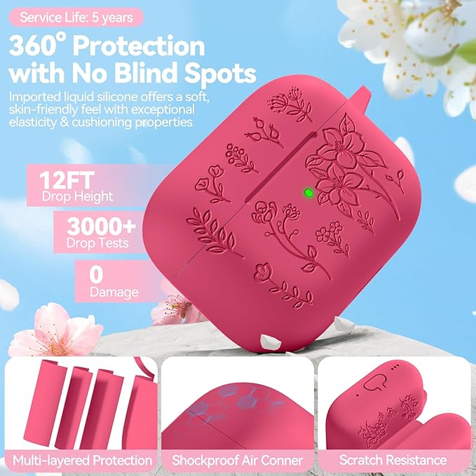 for Airpods Pro 3 Case, Flower Engraved Case Cover Compatible with AirPods Pro 3rd Generation 2025, Soft Silicone Cases with Cute Keychain & Cleaner for Women Girly, Shockproof