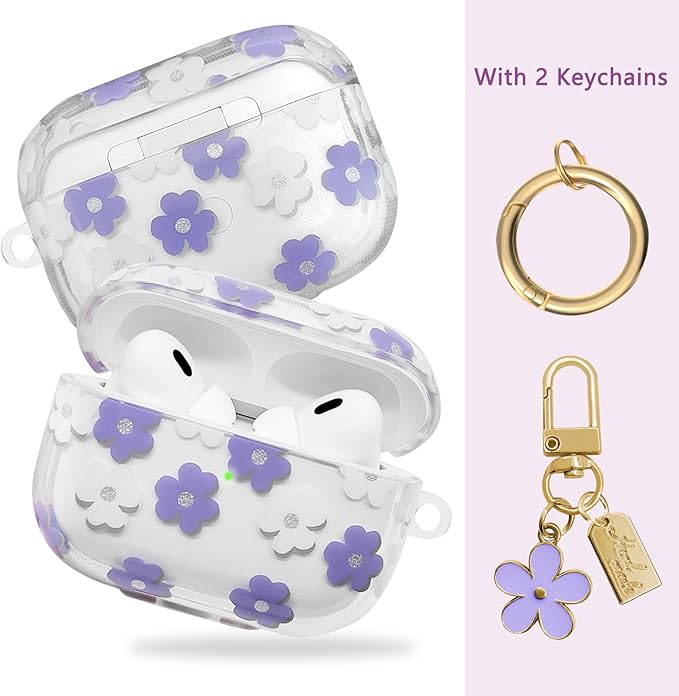 Compatible with AirPods Pro 2 Case Cover 2022, Soft TPU with Cute Flower Pattern for AirPods Pro 2nd/1st Generation Case with Flower Keychain and Carabiner for Girls Women (Purple)