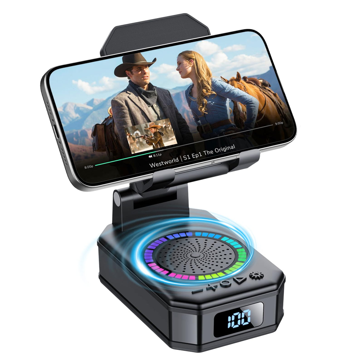 Gifts for Men Women, Cell Phone Stand with Wireless Bluetooth Speaker and Colorful LED Lights, 4-in-1 Multifunctional Phone Holder Support Fast Charging, Adjustable Desktop Stand, Best Gifts