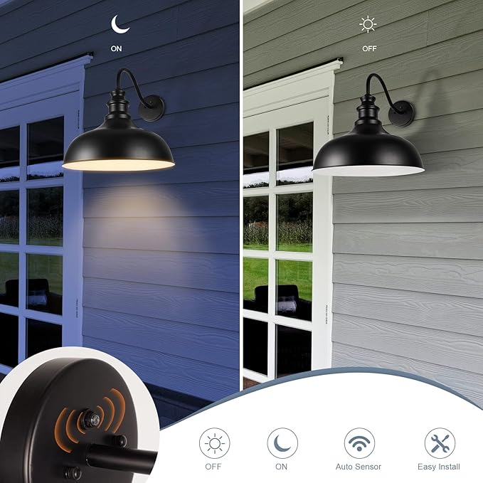 Dusk to Dawn Barn Light Outdoor, 20 Inch Dome Exterior Light Fixture Outside for House, Farmhouse Outdoor Wall Mount Light in Black Finish for Porch, Entryway, Garage, DDRZ015 BK-2PACK