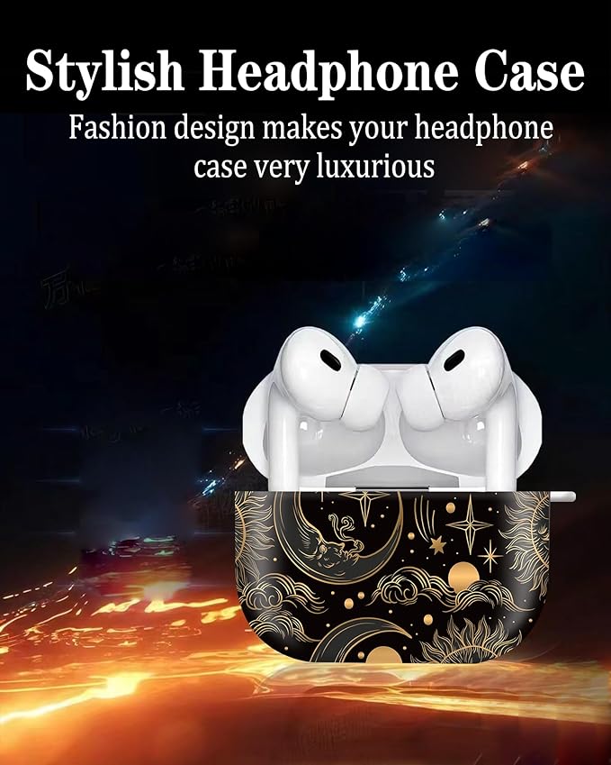 Cute Hard Case Compatible with AirPods Pro 2nd/1st Generation, Protective Cover with Golden Keychain, Fits 2023/2022/2019 Models, for Women, Girls, and Men(Moon Sun