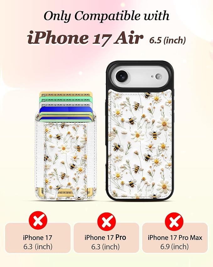 Shorogyt for iPhone Air Wallet Case - Fits 5 Cards, Compatible with Magsafe Detachable Magnetic Credit Card Holder Leather Cardholder Cute Phone Cover Women Girls for Apple 17 Air, Bee Flower
