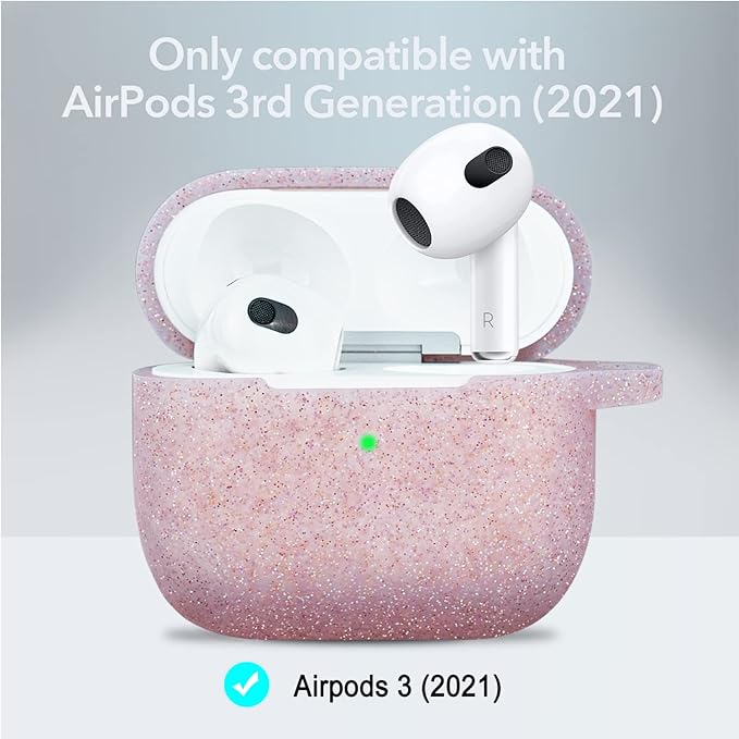 Glittery Silicone Compatible with AirPods 3 Case 2021, Gawnock Soft Case Compatible with AirPods 3rd Generation Cover for Women Girls with Keychain (Glitter Rose Gold)