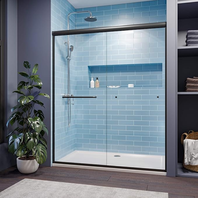 SUNNY SHOWER 54 x 72 Bypass Sliding Shower Door 1/4 Clear Glass Semi-Frameless Shower Door Stainless Steel Hardware Glass Door Black Finish, Black