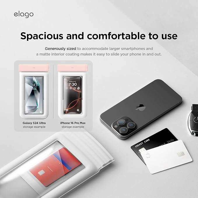 elago Waterproof Phone Pouch for iPhone 16/15/14/13/12/11 Series, Galaxy S25/S24/S23/S22/S21 Series - Underwater Screen Touchable Dry Bag, Dual Zipper Lock, Including Card Pocket [Lovely Pink]