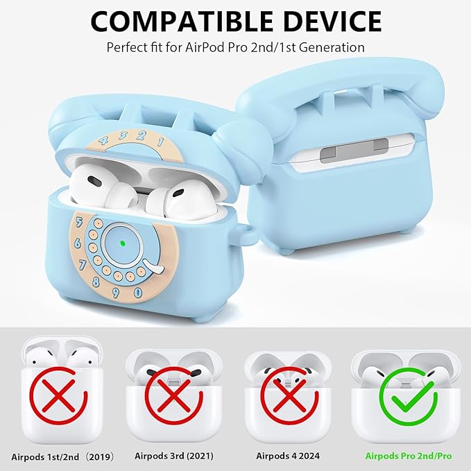 KOREDA for AirPods Pro 2nd/1st Generation Case Cover with Cleaner Kit & Lanyard, Cute Funny Telephone Design Silicone Protective Case for AirPods Pro 2 - Sky Blue