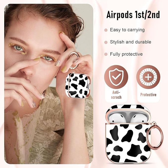 Maxjoy for AirPods 2nd Generation Case, Unique Design Hard Protective Shockproof Airpods Case Cover with Keychain Compatible with Apple AirPods 1st and 2nd Charging Case, Black White Cow