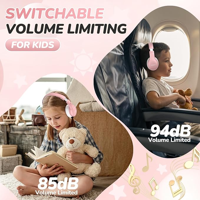 Kids Bluetooth Headphones, 60 Hours Playtime, Bluetooth 5.4 Kids Headphones Wireless, Type-C Fast Charging, 85/94dB Volume Limited, Foldable Toddler Wireless Headsets with Mic-Rose Gold
