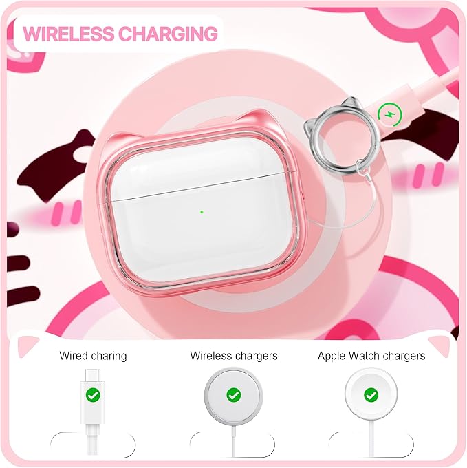 RFUNGUANGO AirPods Pro Case for Women Girly Cat Case with Lock, Phone Stand, Keychain & Cleaner Kit, Compatible with Apple Airpods Pro 2nd/1st Generation Case Cover, Transparent Pink