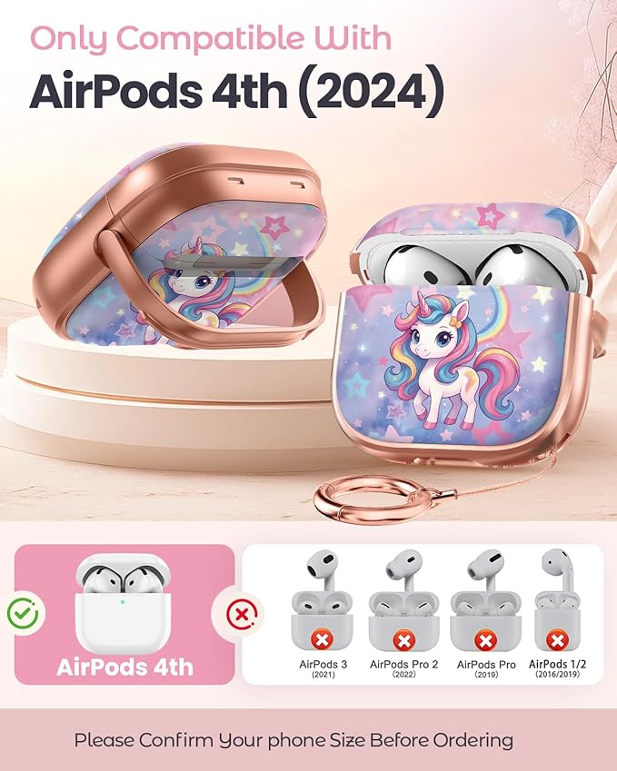 Coralogo for AirPods 4 Case with Safety Lock - Cute Cartoon for Women Girls Fashion Stylish Unicorn Pattern Design Kawaii Girly Girlish Hard Protective Cover for AirPods 4th Generation 2024