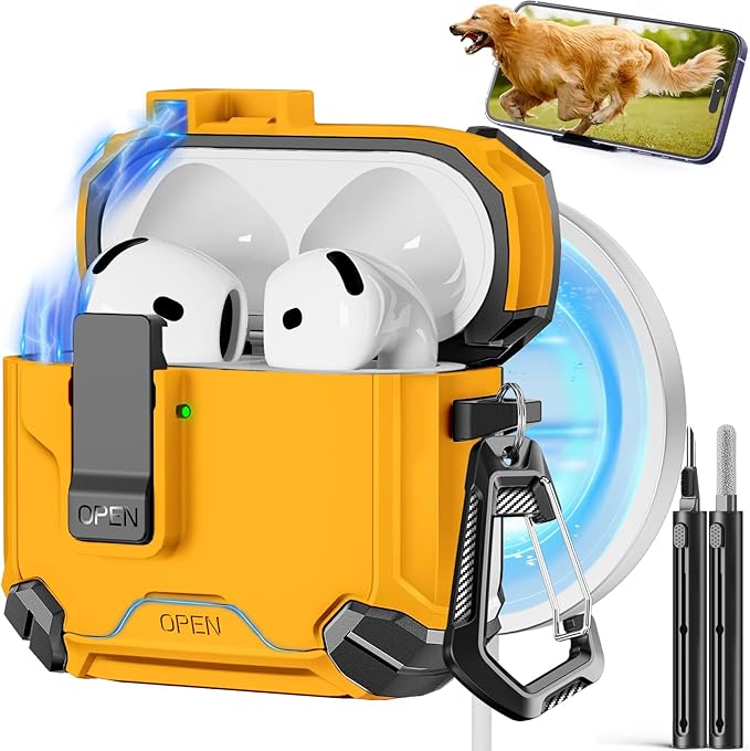Compatible with AirPods 4 Case,Magnetic Automatic Lock with Phone Stand & Cleaning Kit,Compatible with Magsafe Cover -Yellow