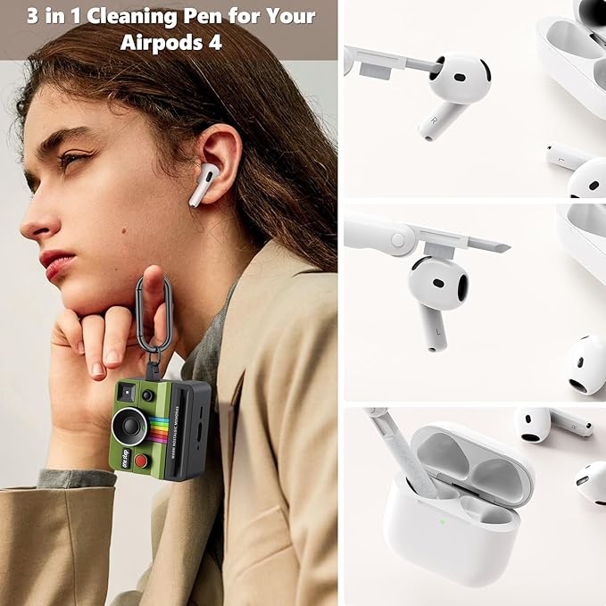 Case for AirPods 4 Case with Retro Polaroid Camera for Women - Cute Apple AirPods 4 Cover, 4th Generation AirPod Cases, Premium Silicone Protector, Ideal for Fashionable Ladies (Green, Airpods 4 Case)