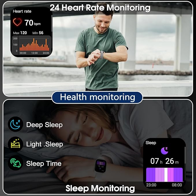 Smart Watches for Men Women, 1.95" HD Touchscreen Fitness Tracker with Bluetooth Calls, IP68 Waterproof, 120+ Sport Modes, 7-Day Battery, 24/7 Heart Rate & Sleep Monitor for Android iOS (Gray)