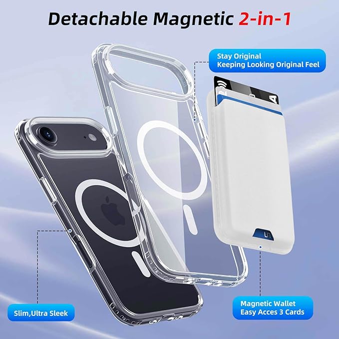 Magnetic for iPhone Air Case & iPhone 17 Air Case Clear with White Detachable Wallet, Compatible with MagSafe, Military Protective Slim Phone Cover with Card Holder