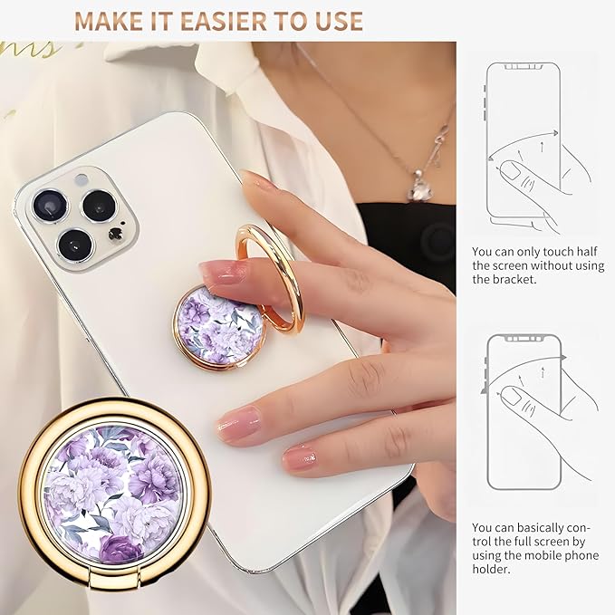 Cell Phone Ring Holder, Cute Metal Phone Grip Stand Finger Ring Kickstand, Flexible 360°Rotation Phone Tablet Case Accessories Compatible with Most Phones Luxury Purple Flowers