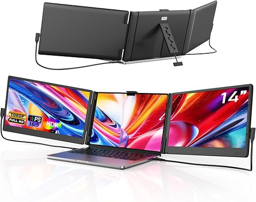 Laptop Screen Extender, 14" Ultra-Slim Triple Portable Monitor, 1080P FHD IPS Display, USB-C/HDMI Plug & Play, Monitor Extender for 13-17.3" Laptops, Mac/Windows/Chrome