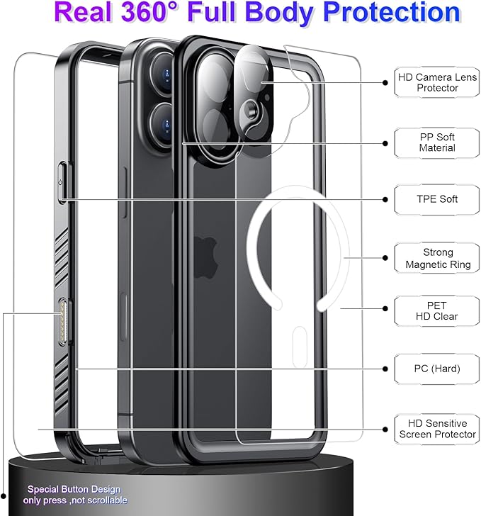 Temdan Magnetic Compatible with iPhone 17 Case,Waterproof Built-in Screen & Camera Protector IP68 Underwater Full Body 17FT Military Dropproof Shockproof Phone Case 6.3"-Mag/Black