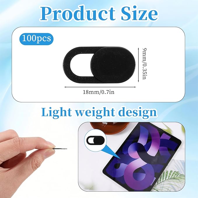 100 Pcs Webcam Cover Slide, 0.023 Inch Black Ultra-Thin Universal Laptop Camera Cover Slide for Laptop, Computer, Phone Protect Your Privacy and Security