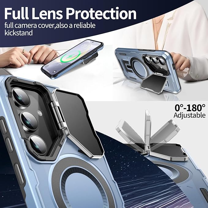 Camera Stand Case for Galaxy S24 FE, [Compatible with MagSafe][Lens Cover] 2024 Version Military Grade Protective Soft Case for Samsung Galaxy S24 FE 6.7" Men Women, Blue
