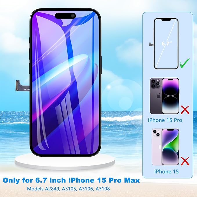 for iPhone 15 Pro Max Screen Replacement 6.7 inch Full HD, 3D Touch LCD Screen Display Digitizer Assembly with Repair Tools, Compatible for Model A2849, A3105, A3106, A3108