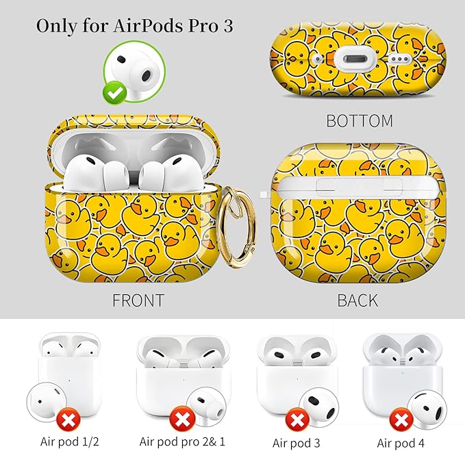 Case for AirPod Pro 3 Shock-Proof Protective Hard Case with Golden Keychain Compatible with Apple Airpods Pro 3rd Generation 2025 (Cartoon Rubber Ducky)