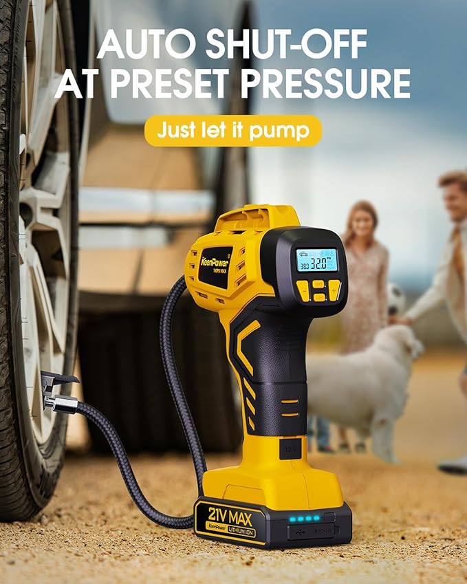 KeenPower Tire Inflator Portable Air Compressor - 2X Faster - 21V Rechargeable Battery Powered Handheld 160PSI Tire Inflator, Dual Power Supply Modes, Air Pump for Car Motorcycle E-Bike