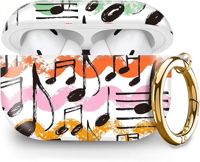 Compatible with Airpod pro 2nd/1st Generation Case Cover with Gold Round Keychain Cute Pattern Hard & Anti Slip Cover for Men Women & Girls(Music Notes)