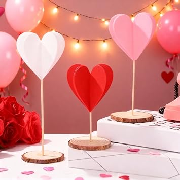 Amyhill 3 Pcs Valentine's Day Tall Standing Felt Heart Decorations Valentine's Felt Heart Tabletop Sign 3D Block Set Fabric Valentines Table Centerpiece Decor for Wedding Anniversary Home Party
