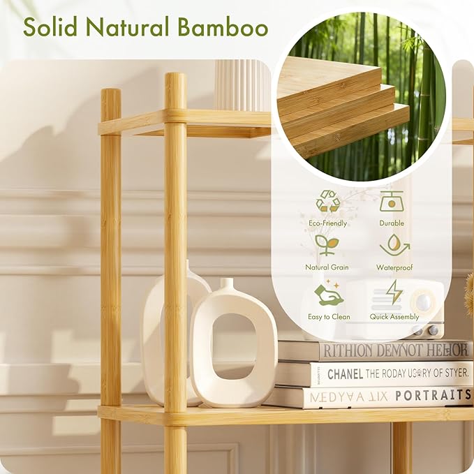 3 Tier Bookshelf, Wide Bookcase Shelf, Storage 6 Open Display Book Shelves, Bamboo Bookshelves Rustic Storage Organizer, Standing Shelf Unit for Living Room, Bedroom, Bathroom, Home Office