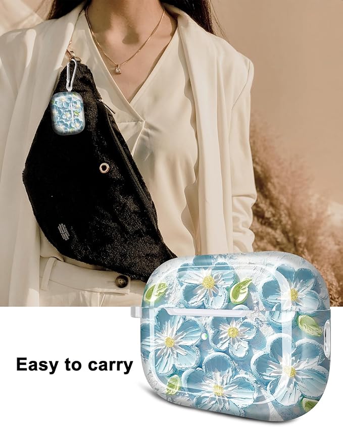 JIAXIUFEN Compatible with AirPods Pro 2 Gen/1 Gen Case Cover Retro Oil Painting Printed Flower Protective TPU Skin Accessories for Women Girl Mint Blue