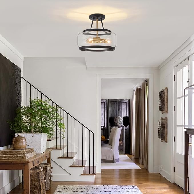 11.81" Black and Brushed Gold Close to Ceiling Light, 3-Light Modern Drum Light Fixtures, Hallway Ceiling Lights, Glass Ceiling Lamp for Entryway Bedroom Laundry Kitchen Dining Room Lighting UL-Listed