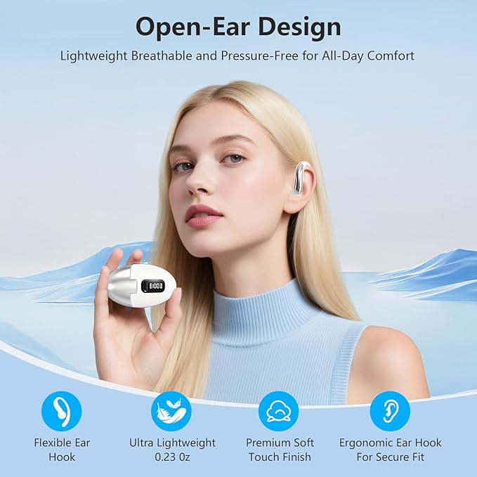 Open Ear Clip Wireless Earbuds Bone Conduction Headphones, Bluetooth 5.4, Open Ear Design, Built-in Mic, IPX7 Waterproof, LED Display Charging Case,Ear Hooks Ear Buds,Design for Running Walking
