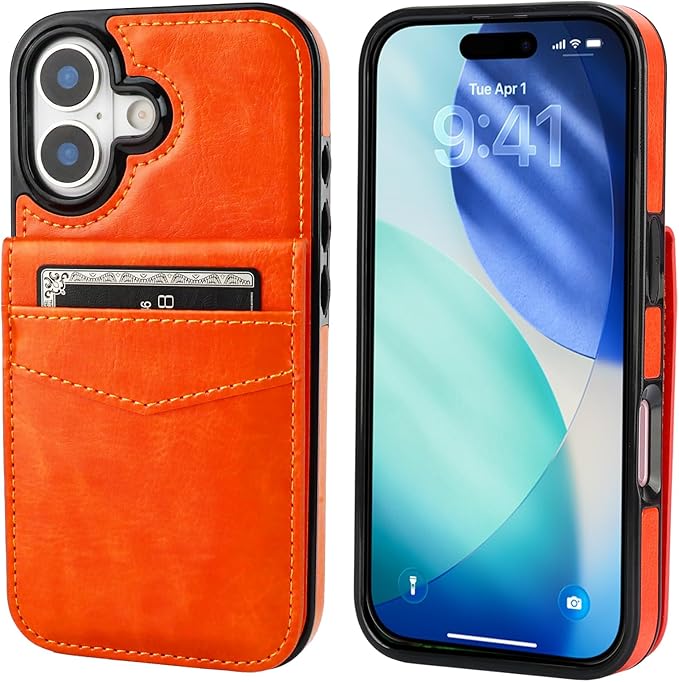 KIHUWEY Compatible with iPhone 17 Case Wallet with Credit Card Holder, Flip Premium Leather Magnetic Clasp Kickstand Heavy Duty Protective Cover for iPhone 17 6.3 Inch (Orange)