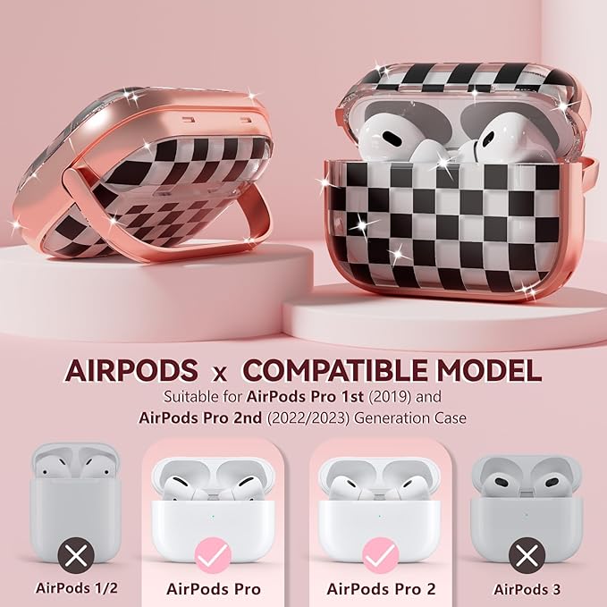 Inesore for AirPods Pro 2nd Generation Case Cover with Lock, Flowers Cute Clear Air Pods Pro 2 Case Hard iPod Pro Cases for Women Girls with Cleaner Kit (2023 USB-C /2022/2019) -Checkerboard
