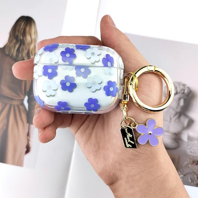 Compatible with AirPods Pro 2 Case Cover 2022, Soft TPU with Cute Flower Pattern for AirPods Pro 2nd/1st Generation Case with Flower Keychain and Carabiner for Girls Women (Purple)