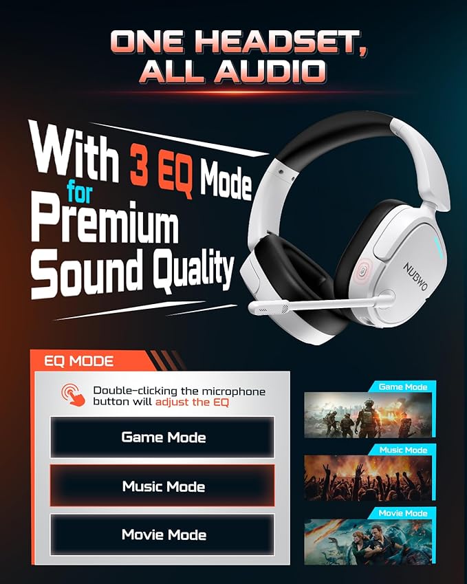 NUBWO Wireless Gaming Headset for PC, PS5, PS4, Connect to Game & Phone Simultaneously (2.4GHz + Bluetooth), 3 EQ Modes, 50H Battery, PS5 Headset with Mic, Lightweight Foldable Headphones White/Black