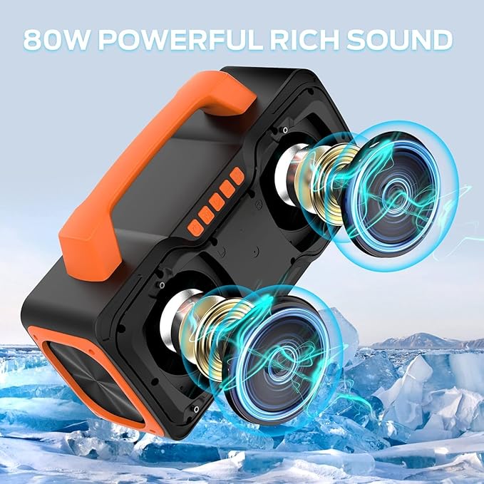 BUGANI Bluetooth Speaker, 80W Powerful Portable Wireless Speaker IPX7 Waterproof, Outdoor Loud Speakers with Handle 24H Playtime, Support Microphone AUX USB Suitable for Party, Pool, Singing