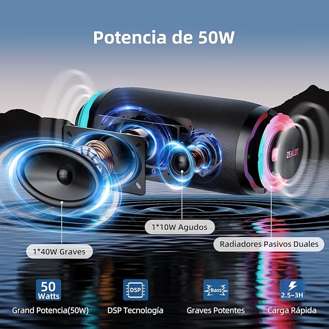 ZEALOT Portable Bluetooth Speaker,80W Peak(60W) Booming Sound Speakers with LED Light,Bluetooth 5.3, Loud Speaker for Home,Party,Camping,Beach,Gifts(Black)