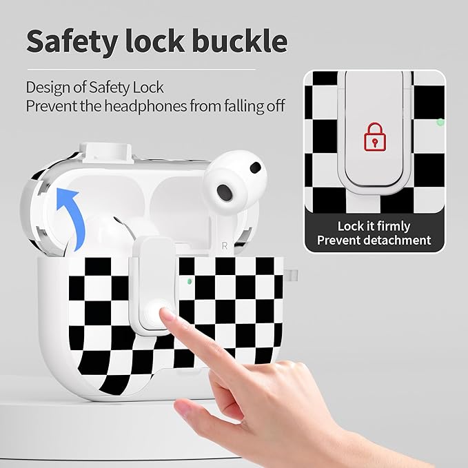 for AirPods Pro 3 Case(2025) with Secure Lock Clip and Phone Stand,Floral Girly Style Protective Cover with Cleaning Kit and Hand Strap for Apple AirPod Pro 3 Generation (Black White Squares)