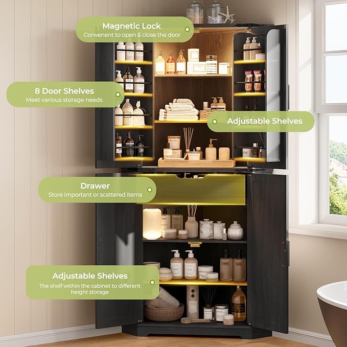 Dripex 71" Corner Cabinet Black, Farmhouse Kitchen Pantry Cabinet with Doors Storage & Adjustable Shelves, Tall Corner Storage Cabinet with LED Light, Food Pantry for Living Room, Dining Room
