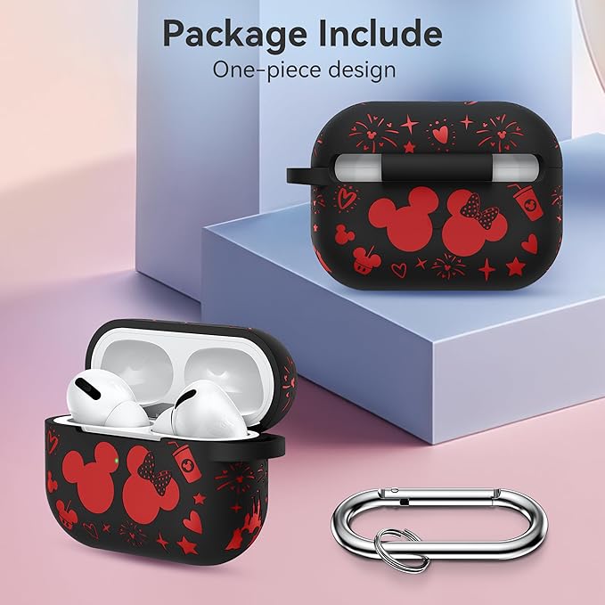 Compatible with Airpods Pro 2nd/1st Generation Case Cover with Keychain, Women Men Soft Silicone Two-Tone Cute Cartoon Engraved Convenience Protective Case, Front LED Visible Black/Red