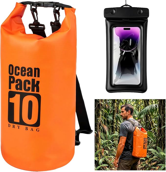 kullder Waterproof Backpack 10L, Roll Top Closure Water Proof Dry Bag Orange, Lightweight Floating Dry Bag for Kayaking Boating, Durable Hiking Backpack with IPX8 Waterproof Phone Pouch-Black, 7"