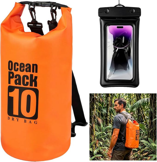 kullder Waterproof Backpack 10L, Roll Top Closure Water Proof Dry Bag Orange, Lightweight Floating Dry Bag for Kayaking Boating, Durable Hiking Backpack with IPX8 Waterproof Phone Pouch-Black, 7"