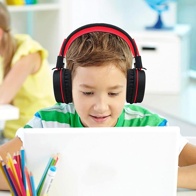 ELECDER i37 Kids Headphones for School Children Girls Boys Teens Foldable Adjustable On Ear Headphones with 3.5mm Jack for Smartphones Chromebook Laptop Computer PC Tablets Travel Black/Red